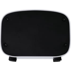 A speaker with a white front and a black base, featuring screws and clips underneath. It has a logo on the front.