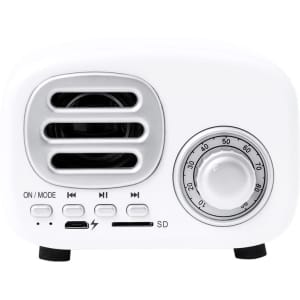 A white speaker with an adjustable knob, ports for USB and SD, and control buttons on the front panel.