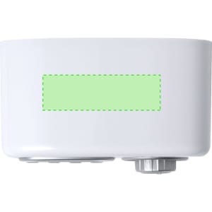 A white speaker with a silver base, featuring a logo and control buttons on the side.