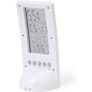 A white digital weather station with multiple display features, including temperature and humidity readings.