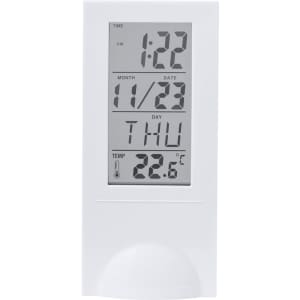 A white weather station displaying time, date, day, and temperature of 22.6°C. Features a digital screen and a logo.