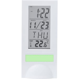 A white digital weather station displaying time, date, and temperature of 22.6°C. Features a branding logo.