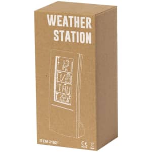 A weather station in a brown cardboard box featuring a simple design and a logo. Ideal for home or living spaces.