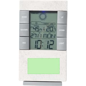 A white weather station with a digital display showing humidity, temperature, and clock features. It has a logo.