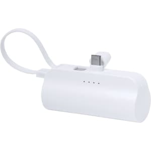 A white power bank with a built-in charging cable and a small loop for attachment, featuring indicator lights.
