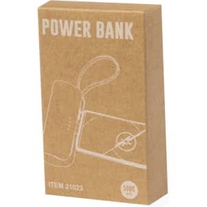 A kraft paper box containing a white power bank with a wrist strap and a logo. The power bank is labelled with its capacity.