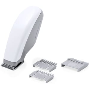 A white hair trimmer with two grey attachment combs, designed for personal grooming.