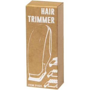 A hair trimmer in a brown box with an illustration. The product includes various attachment combs.