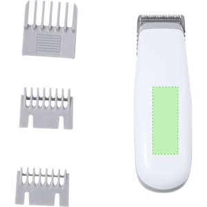 A white hair trimmer is displayed alongside three grey comb attachments. The trimmer features a smooth design and a branding area.