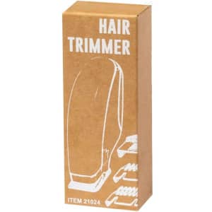 A hair trimmer in a cardboard box featuring a simple illustration and various attachment combs. Brown and white colours.