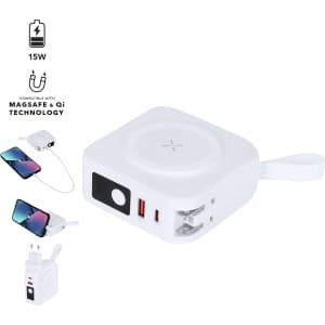 A white multifunction travel adapter with USB ports and a charging pad, featuring a sleek design and a loop for convenience.