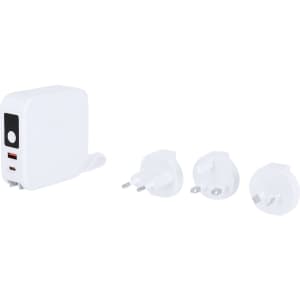 A white multifunction travel adapter with three interchangeable plugs and dual USB ports.