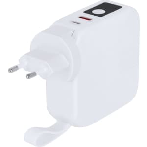 A white multifunction travel adapter with a plug and a small button, featuring a logo on the side.
