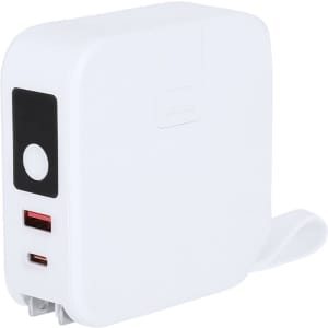 A white multifunction travel adapter featuring two USB ports and a retractable plug. It includes a branding logo.