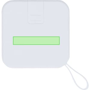 A square white travel adapter with a loop for easy attachment, featuring a green rectangular section.