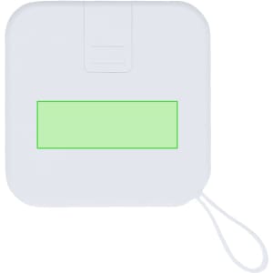 A white multifunction travel adapter with a loop for easy carrying and a blank green area for customisation.