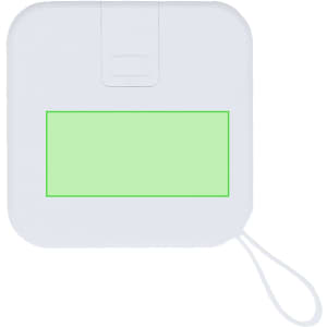 A white multifunction travel adapter with a loop attachment, featuring a blank green section for customisation.