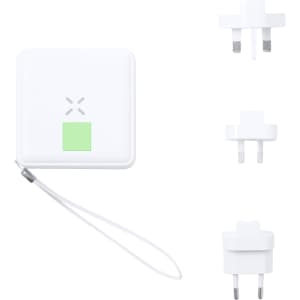 A white travel adapter with interchangeable plugs and a strap, featuring a green accent.
