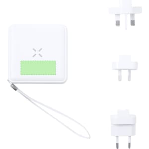 A white multifunction travel adapter with interchangeable plugs, featuring a green accent and a cord for easy carrying.