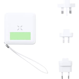 A white multifunction travel adapter with interchangeable plugs and a carry strap. It features a branding logo.