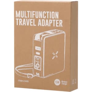 A brown packaging box for a multifunction travel adapter. It features a wireless charger and has a logo.