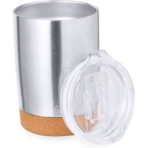 An insulated travel mug with a silver stainless steel body and a cork base, featuring a transparent lid.