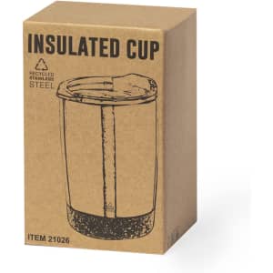 A drink bottle in a brown cardboard box, featuring a sketch of an insulated cup made of recycled stainless steel.