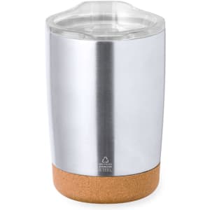 A travel mug with a stainless steel body and a cork bottom, featuring a clear lid and a simple logo.