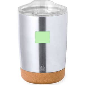 A stainless steel insulated cup with a cork base and clear lid, featuring a blank green label.
