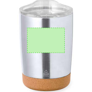A drink bottle with a stainless steel body, clear lid, and a cork base. It features a logo on the front.