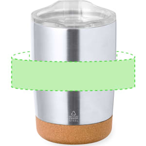 A travel mug featuring a stainless steel body and a cork base, topped with a transparent lid.