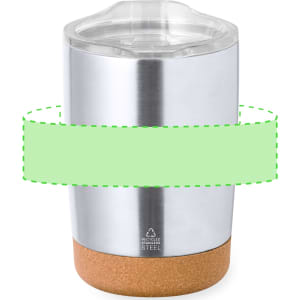 A travel mug featuring a stainless steel body with a cork base and a transparent lid. It has a logo on the side.