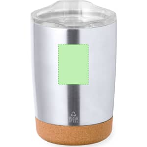 A stainless steel insulated cup with a clear lid and a cork base. It features a blank area for branding.