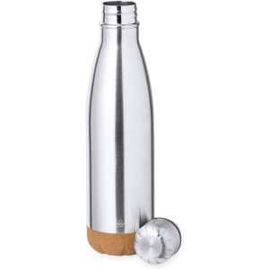 A drink bottle with a shiny silver stainless steel body and a cork base, featuring a silver screw-on lid.