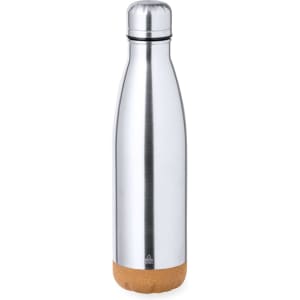 A drink bottle in silver stainless steel with a cork bottom, featuring a sleek, modern design and a logo.
