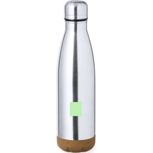 A drink bottle with a stainless steel body and a cork base, featuring a logo on the front.