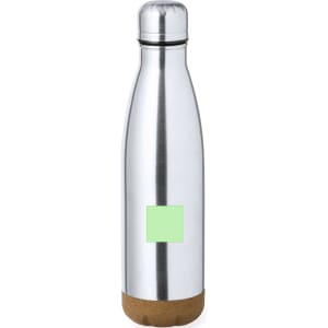 A drink bottle featuring a sleek stainless steel body with a cork base and a blank area for branding.