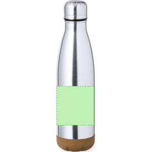 A drink bottle with a sleek silver metallic finish and a cork base, featuring a blank area for custom branding.
