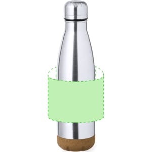A drink bottle with a sleek silver stainless steel body and a cork base, featuring a branding label.