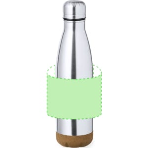 A stainless steel insulated bottle with a cork base and an empty green label area.