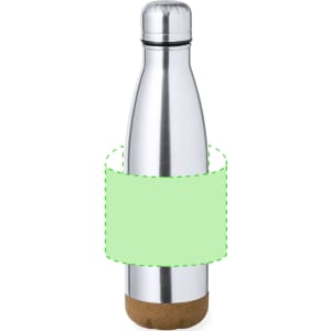 A drink bottle with a sleek stainless steel body and a cork base, featuring a prominent branding area.