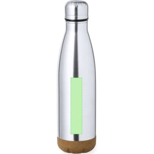 A drink bottle in silver stainless steel with a cork base and an area for branding or customisation.
