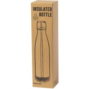 A drink bottle in a cardboard box design, featuring a sleek stainless steel body and a branded logo.
