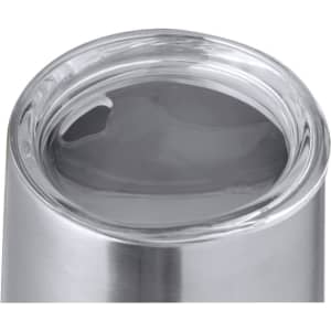 A stainless steel insulated cup with a clear viewing lid, showcasing the reflective inner surface.