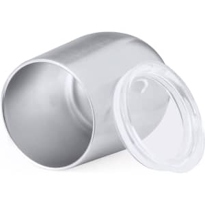 An insulated cup in silver with a clear lid, designed for travel use. It features a sleek, modern design.