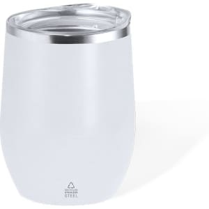 A drink bottle in white stainless steel with a clear lid, featuring a logo on the base. Ideal for travel and outdoor use.
