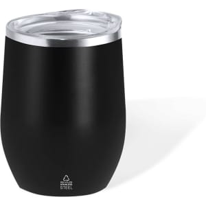 A black insulated cup made of stainless steel with a clear lid and a curved design. It features a logo on the bottom.