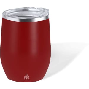 A drink bottle in a deep red finish with a stainless steel rim and a clear lid, featuring a logo.