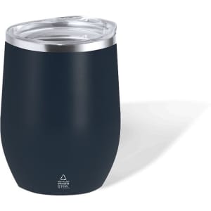 A drink bottle featuring a dark blue finish, stainless steel base, and a transparent lid. It has a logo on the bottom.