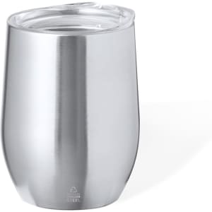 A drink bottle made of stainless steel with a sleek, silver finish and a clear lid. It features a logo at the base.